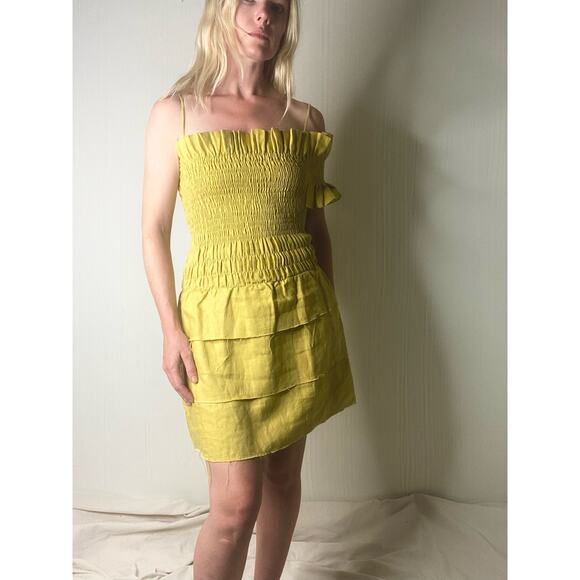 SIR. THE LABEL Mariele One Sleeve Smocked Bust Mustard Linen Mini Dress US SMALL - Picture 8 of 16